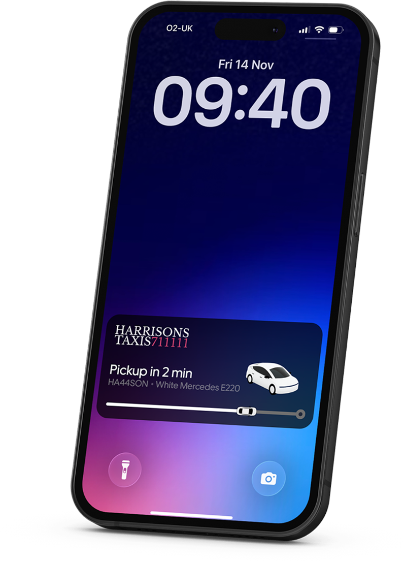 Smartphone screen showing the Harrisons Taxisapp with an upcoming pickup in 2 minutes and a white Mercedes E220