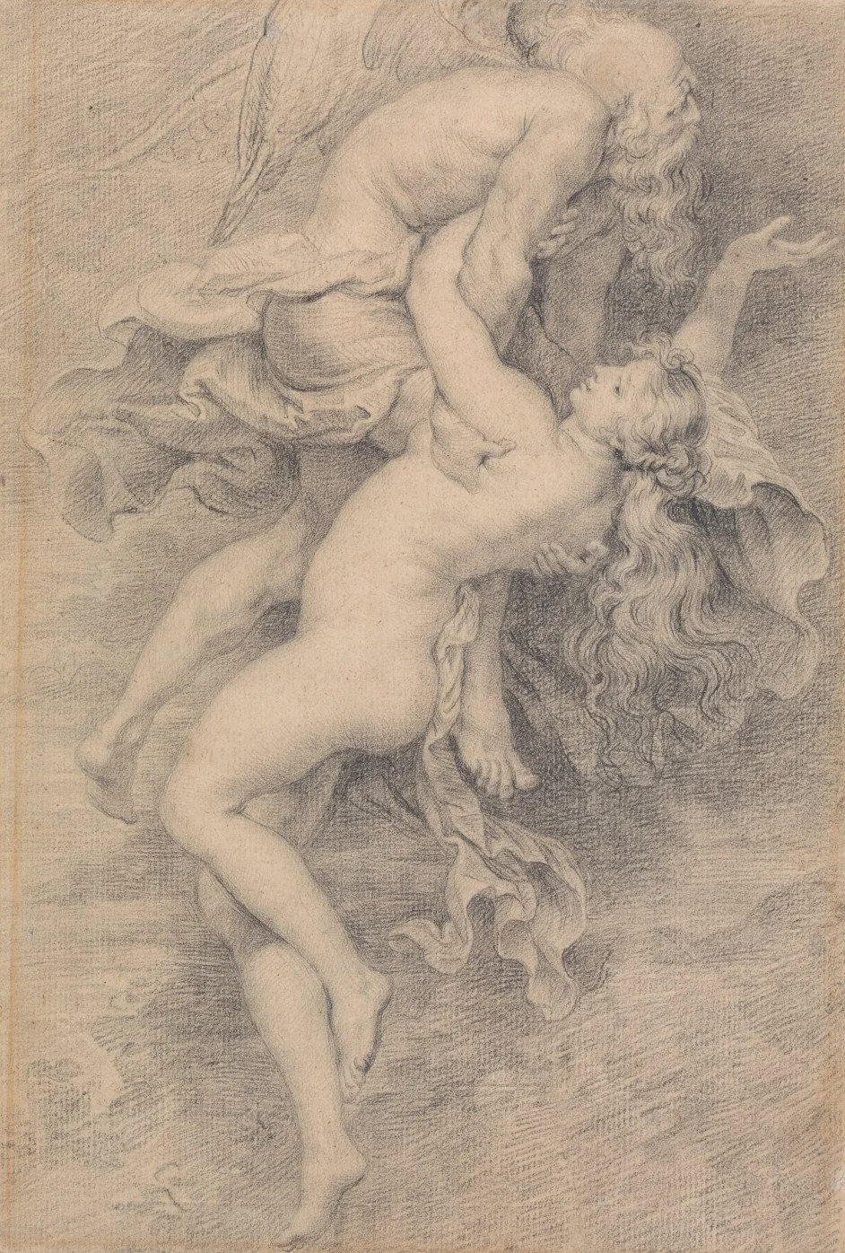 A detailed pencil drawing of two mythological figures, a man with wings and a woman, engaged in an intimate pose. The man appears to be an angel or divine being, and the woman is reclining with flowing hair, both depicted in classical style.