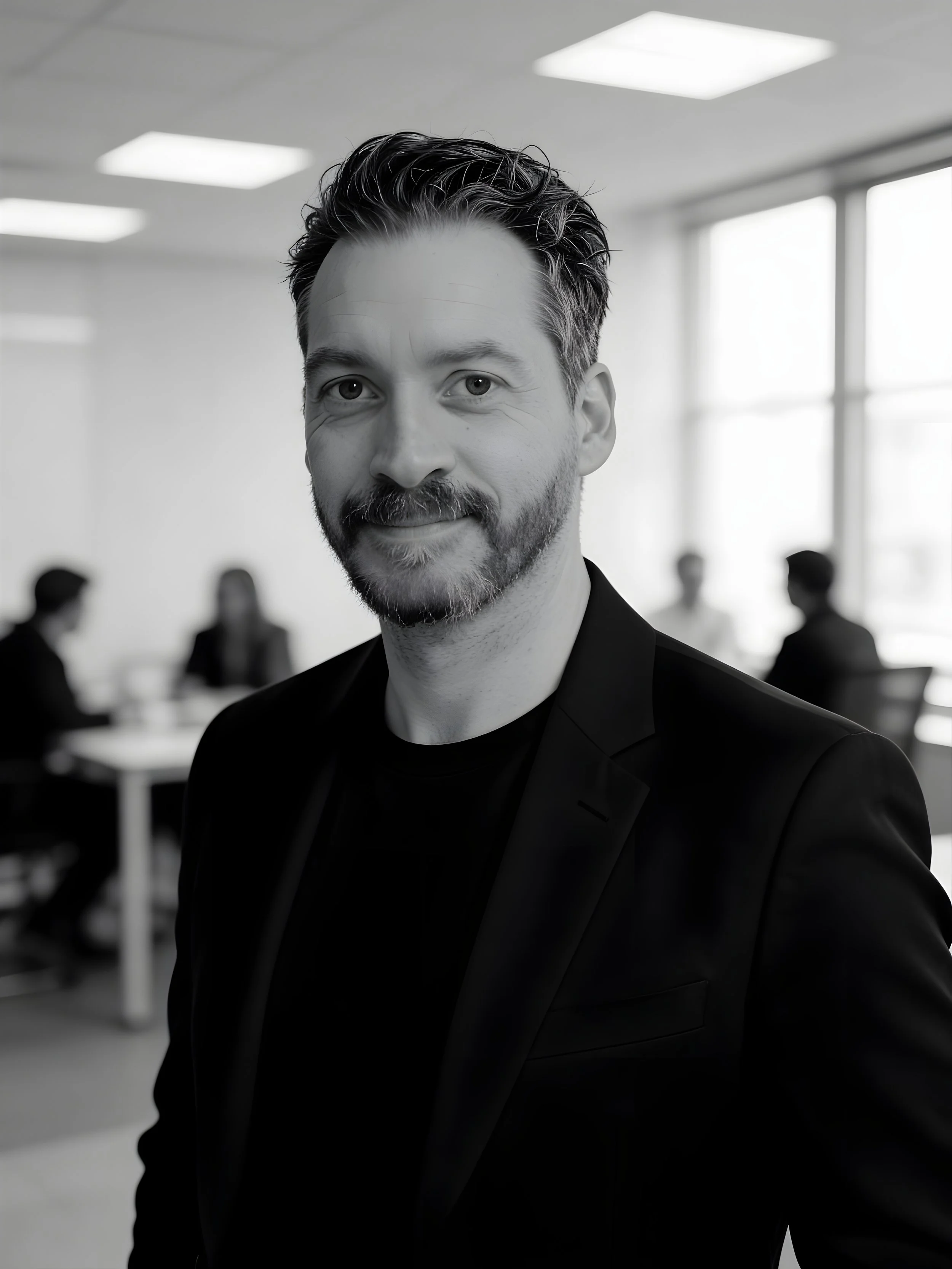 Portrett av en mann med kort maskulint hår og skjegg, iført svart dress, i et kontorlandskap med flere mennesker i bakgrunnen.