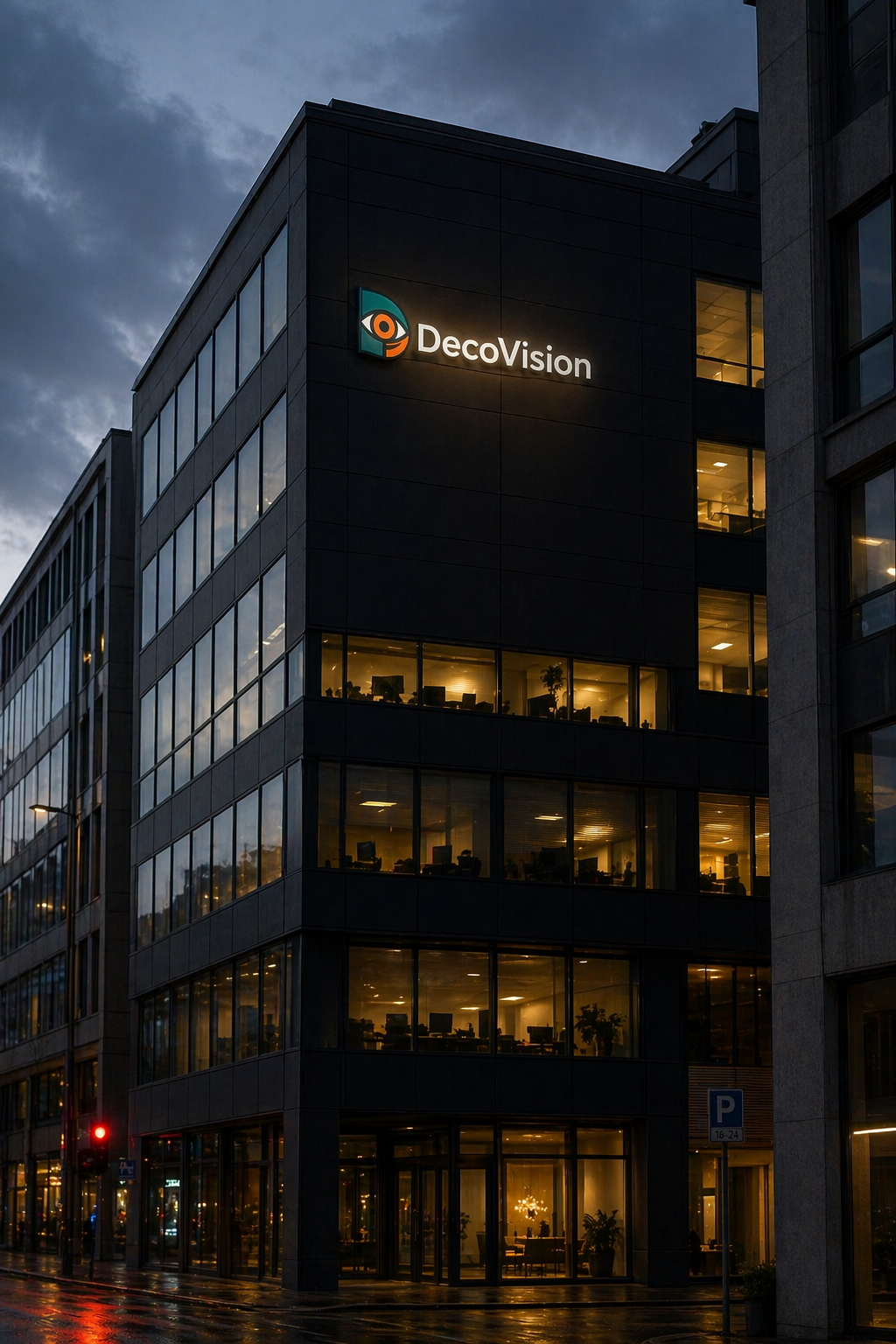 Bygning med lysende logo