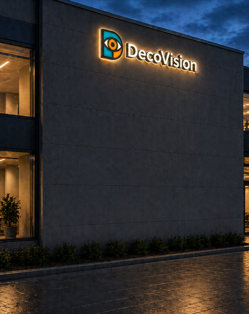 Lysskilt som lyser på fasade med logo