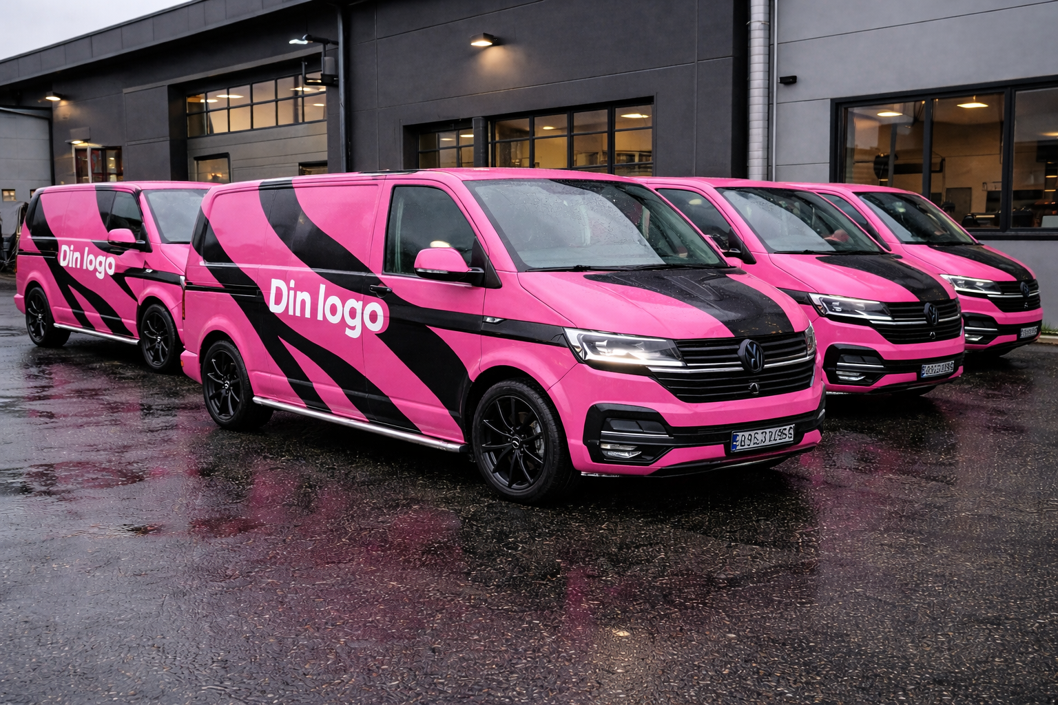 Fem varebiler med rosa bildekor som bilreklame