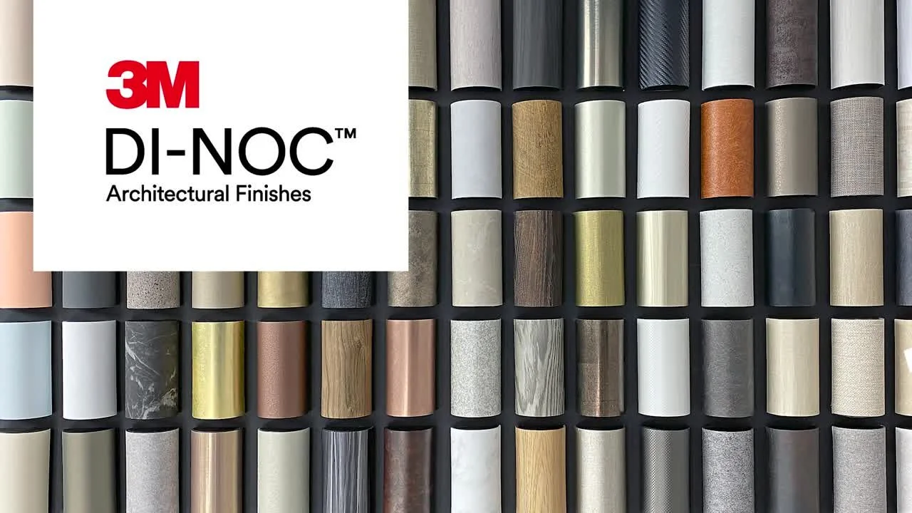 Mange ulike fargede og teksturerte materialer av dekorative finish, vist i ruller, arrangert i rader.