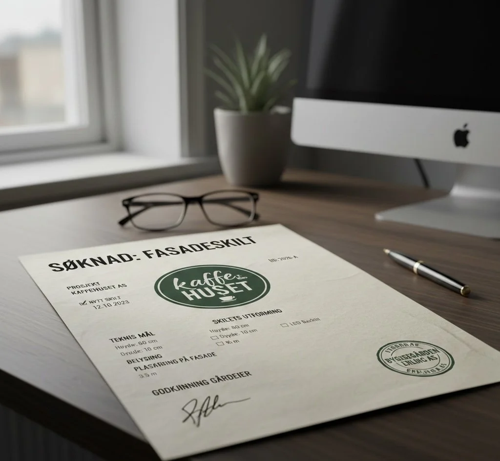 En arbeidsplass med en dataskjerm, en pott med en plante, et par briller, en penn og et dokument med teksten "SØKNAD- FASADELSIL" på et skrivebord ved et vindu.
