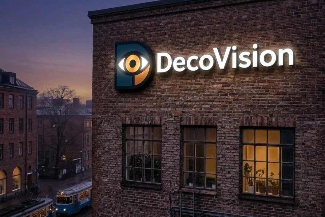 Et firsk pigget murhus med et opplyst DecoVision-skilt på veggen på kvelden.