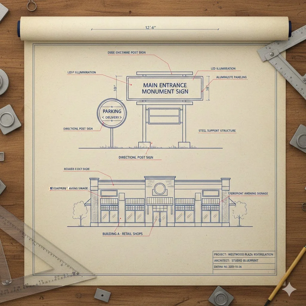 Tegning av retningsskilt og bygning for et nytt kjøpesenter med navn "Westwood Plaza".