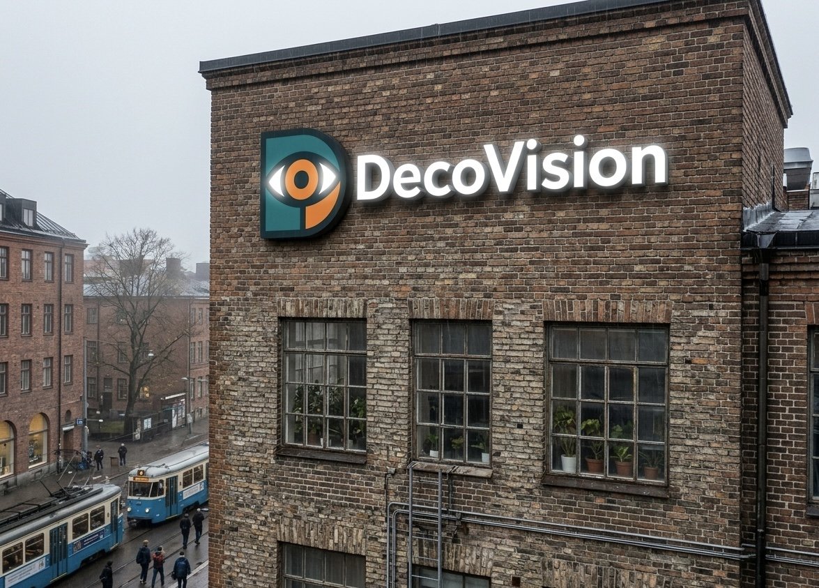 Utsikt over en murbygning med et LED-skilt som sier DecoVision, og en bygate med trikker og mennesker.