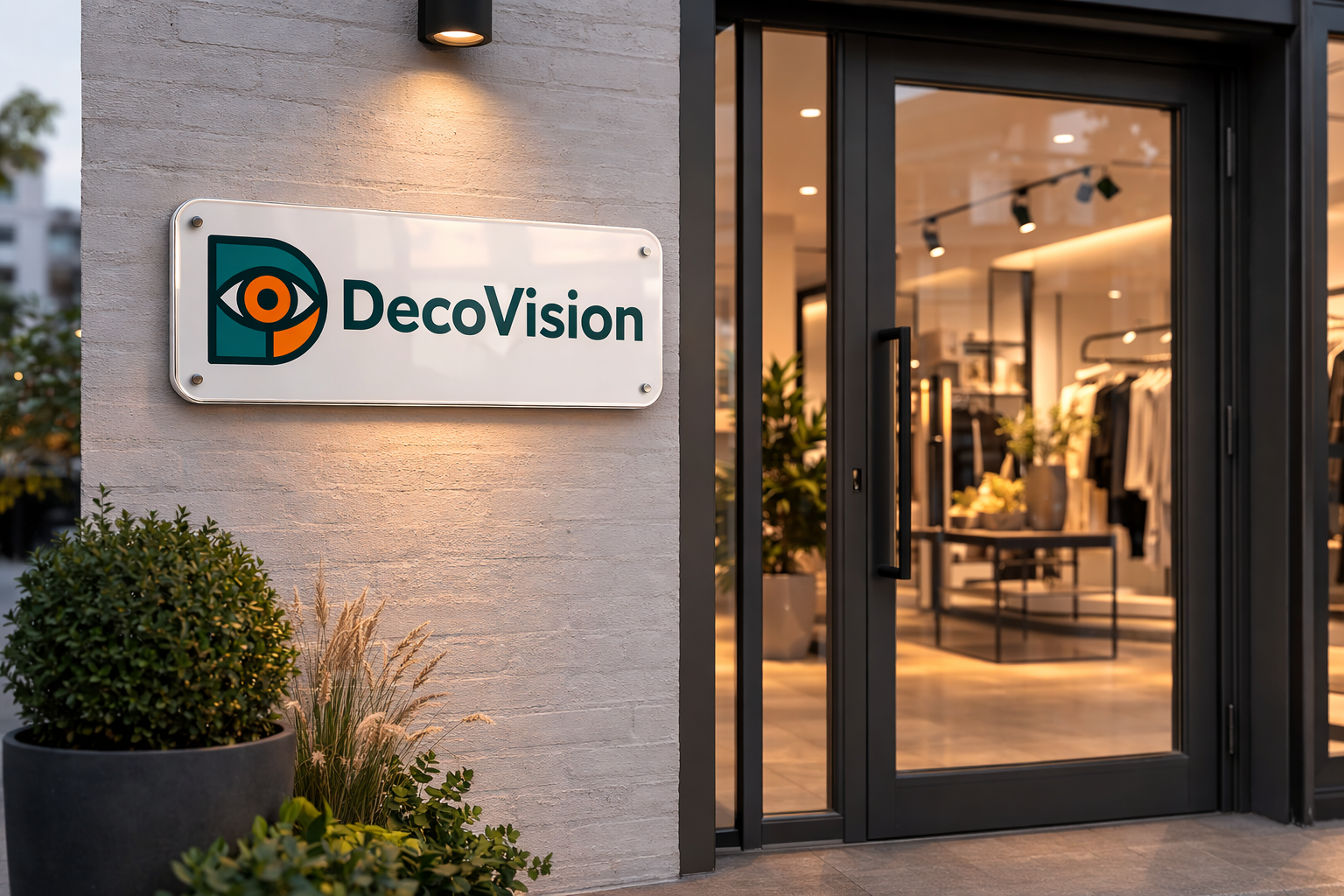 Bild av inngangspartiet til et kontor eller butikk med en logo som sier DecoVision på veggen. Det er et svart dørhåndtak, innendørs med belysning og planter inne. Utendørs er det buketter av planter ved inngangen.