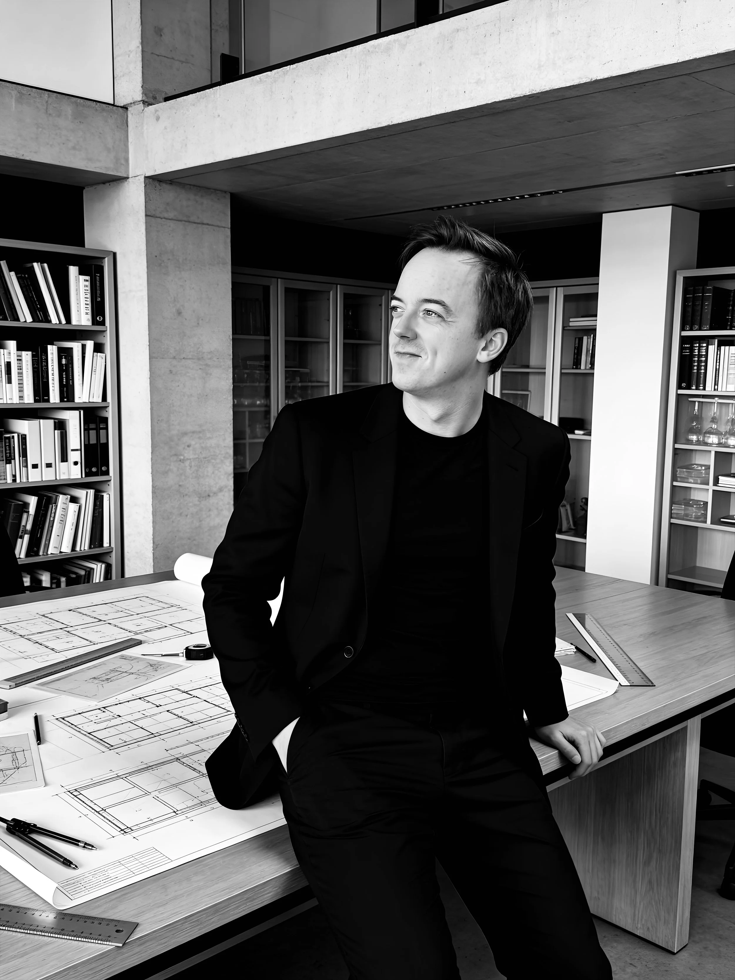 En ung mann i svart dress står ved et skrivebord med arkitekttegninger og målebånd, omgitt av bokhyller i et kontor.
