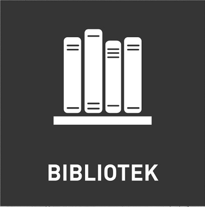 Svart bakgrunn med hvite ikoner av bøker og teksten "BIBLIOTEK" under.