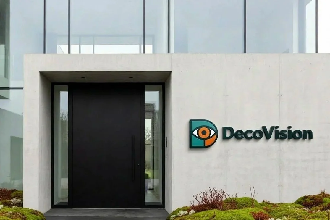 Utsiden av en moderne bygning med inngangsdør og en logo som sier DecoVision på veggen.