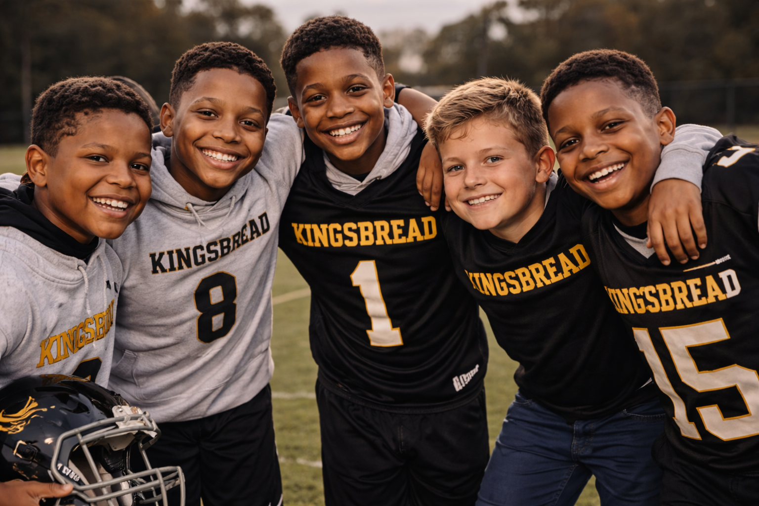 Group of five happy boys in football gear, standing close together with arms around each other on a field, smiling at the camera.