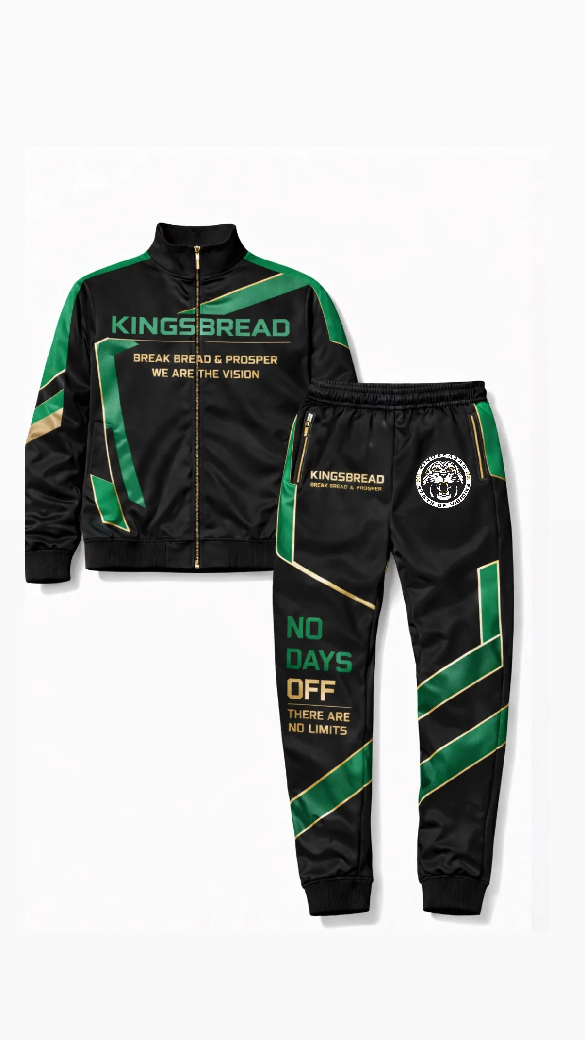 Kingsbread “No Days Off” Performance Tracksuit – Black/Green/Gold Athletic Set