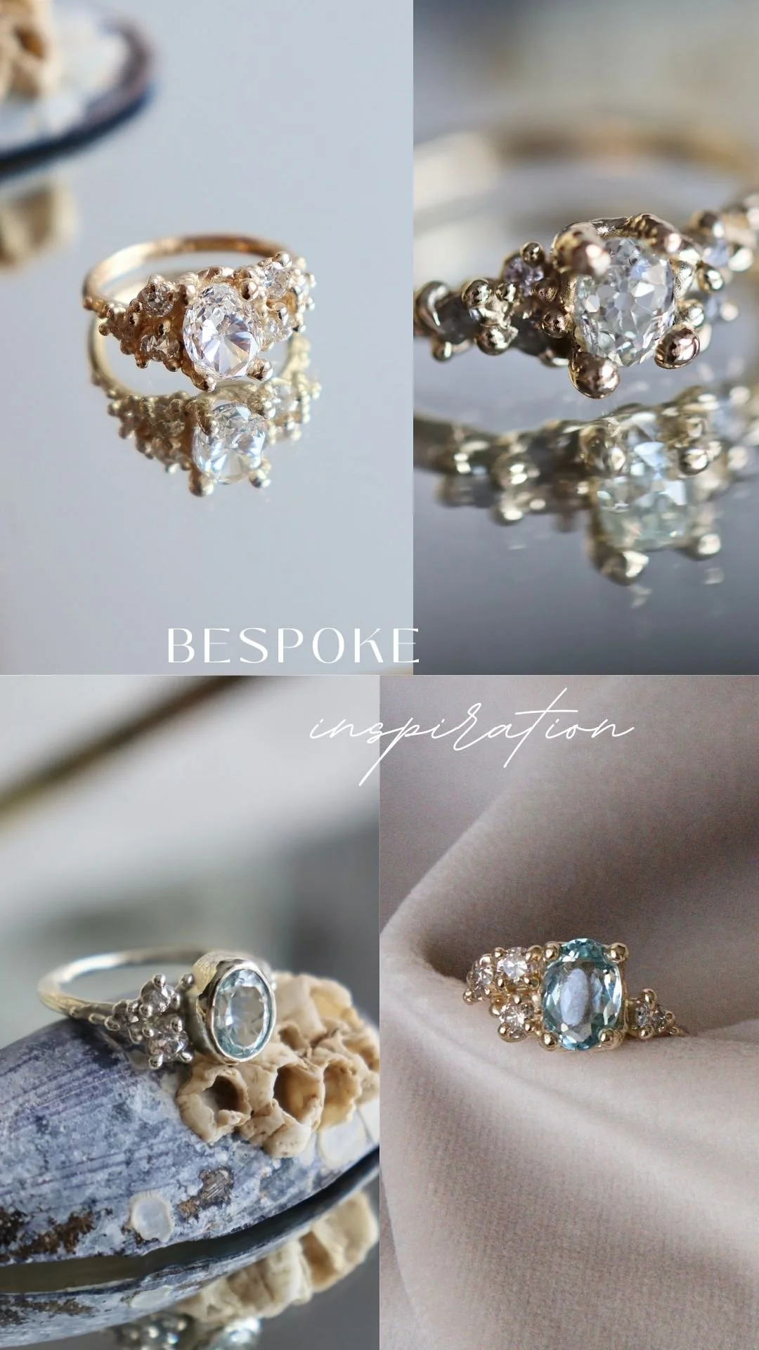 Close-up images of four different rings with gemstones, arranged in a collage with the words "Bespoke inspiration" overlaid.
