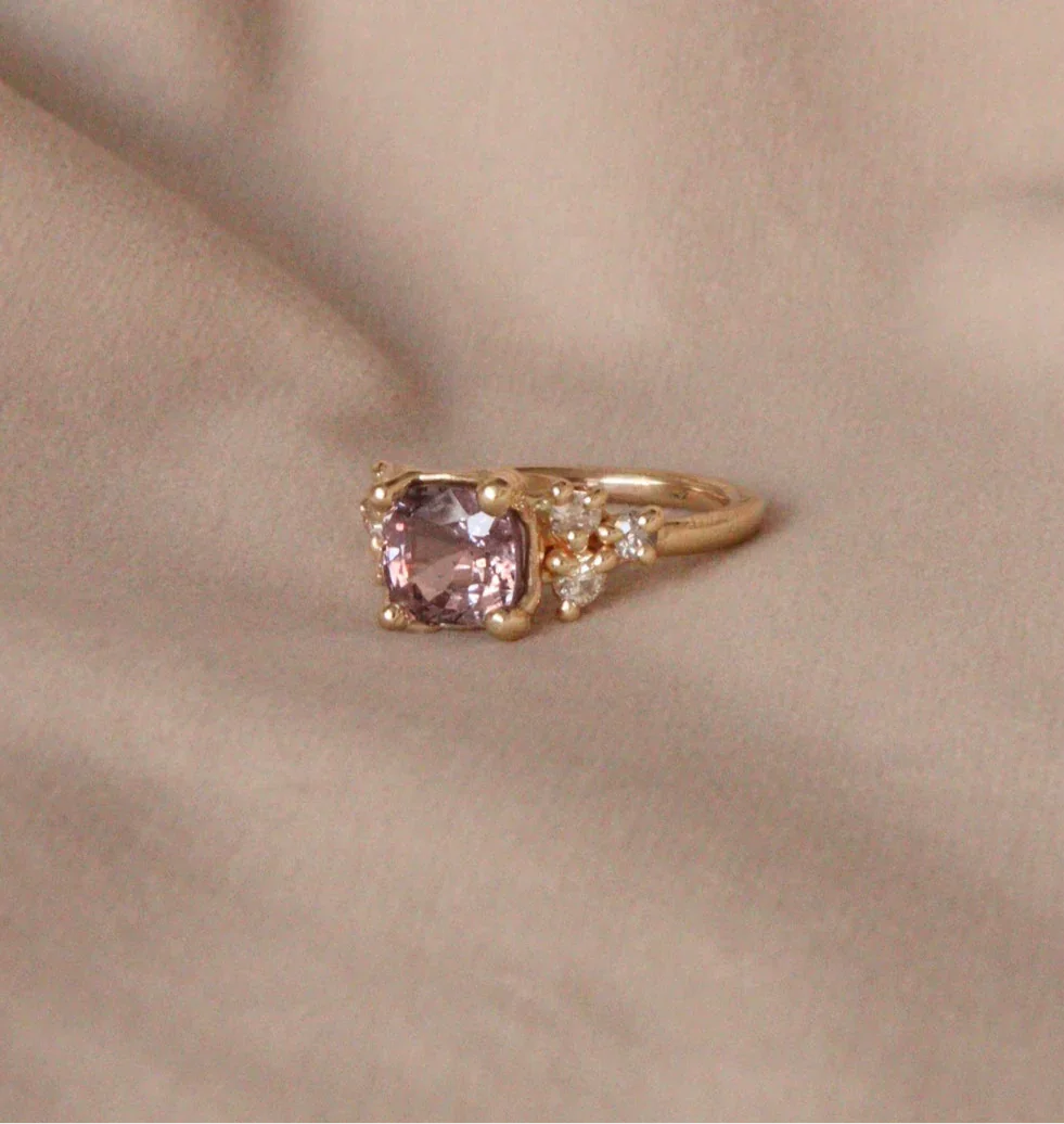 Lavender Spinel and diamond cluster engagement ring