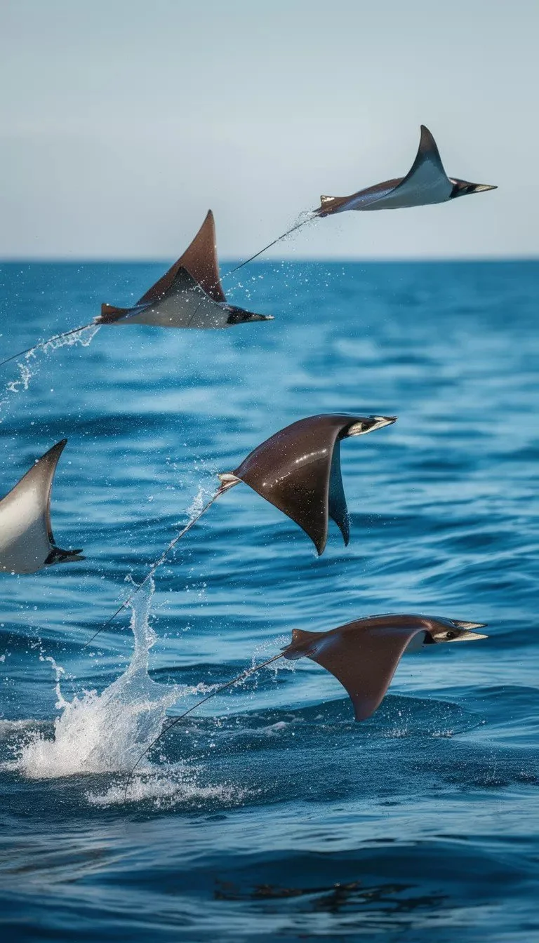 Several dolphins leaping out of the ocean water during daytime.