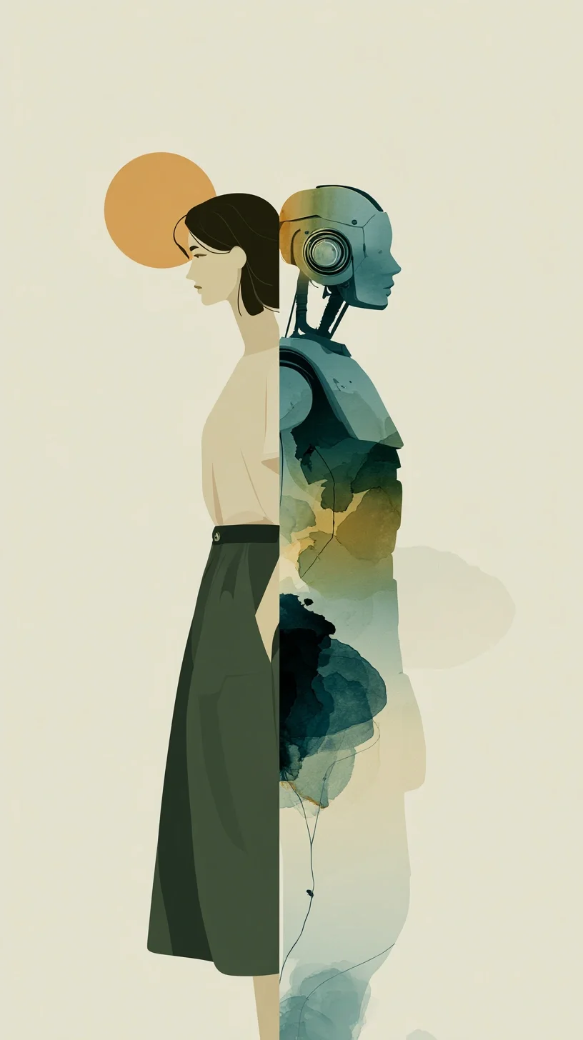 A split image showing a woman on the left side and a robot on the right side. The woman has dark hair, wearing a light top and dark skirt, with an orange circle behind her head. The robot has a humanoid shape with a metallic head, visible joints, and a body with abstract watercolor textures, with a matching orange circle behind its head.