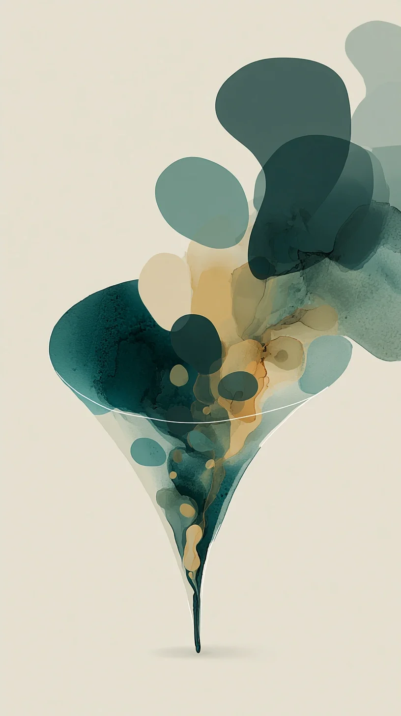 Abstract watercolor art with overlapping blobs of blue, green, beige, and gray hues, resembling a flowing organic shape.