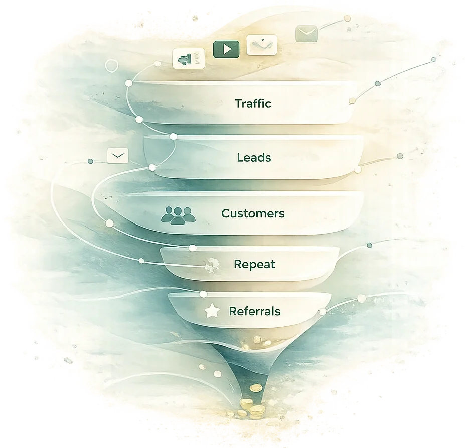 Funnel diagram illustrating marketing or sales process stages: Traffic, Leads, Customers, Repeat, Referrals, with icons representing each stage and a flow of dots and lines connecting them.
