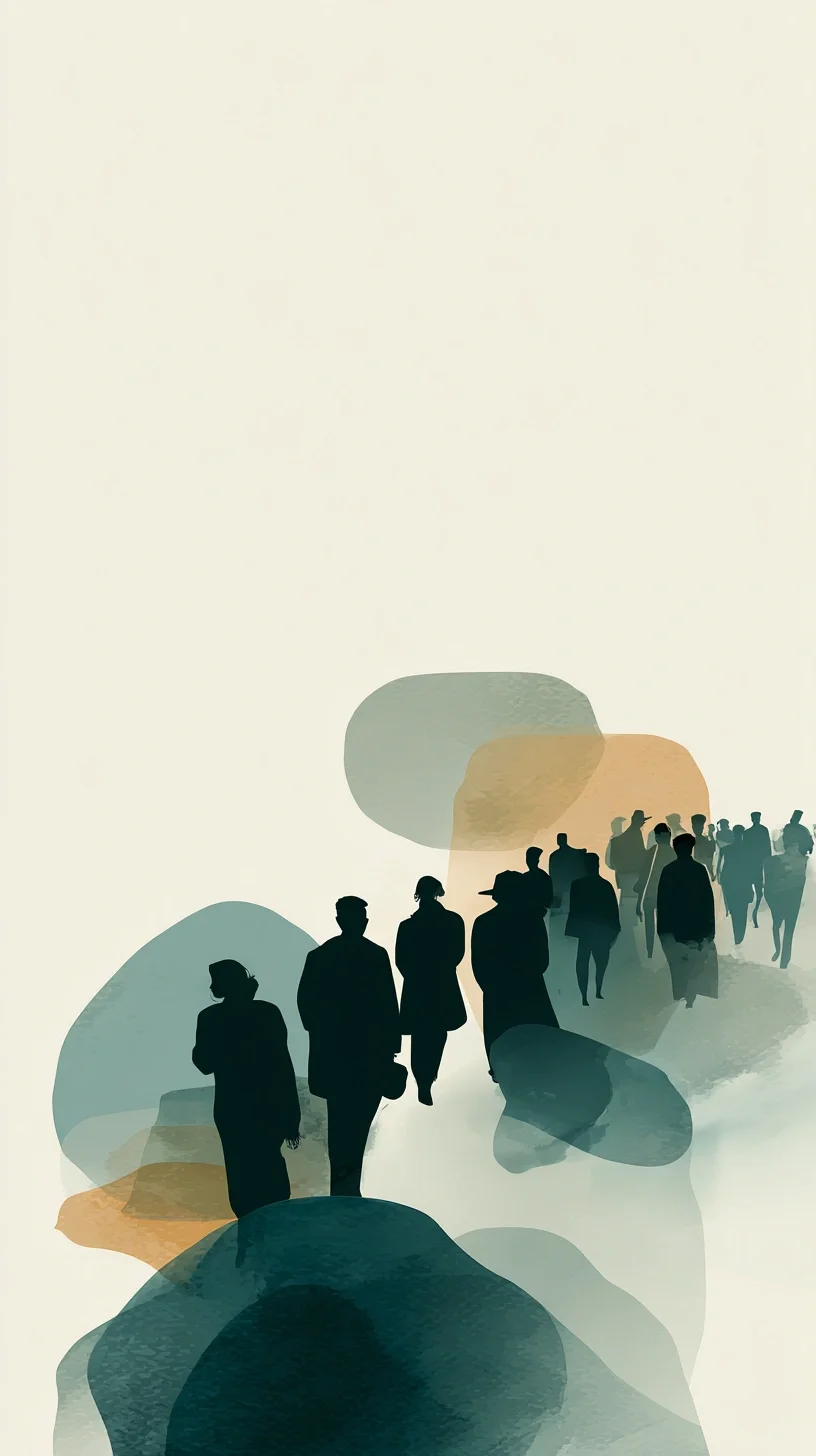 Silhouettes of people walking together against a minimalist, abstract background with soft shapes and muted colors.