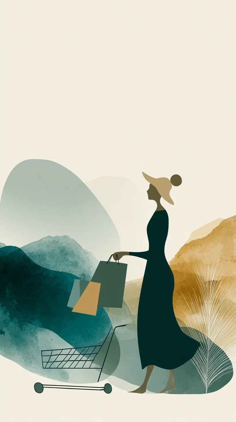 Stylized illustration of a woman with a shopping cart and shopping bags, wearing a hat, standing outdoors with abstract mountains and plants in the background.
