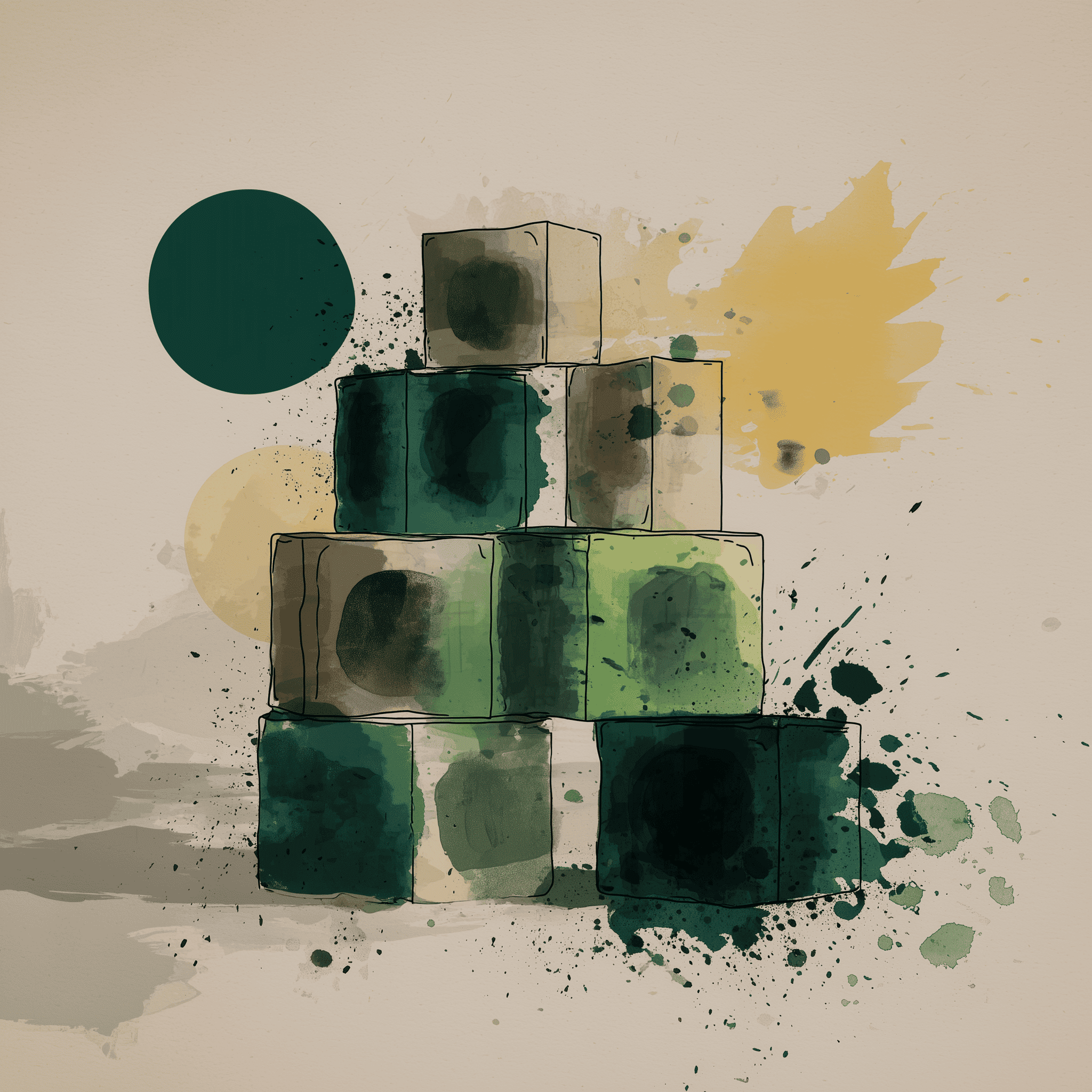 Konvertion funnel build, building blocks, in shades of green, yellow and beige