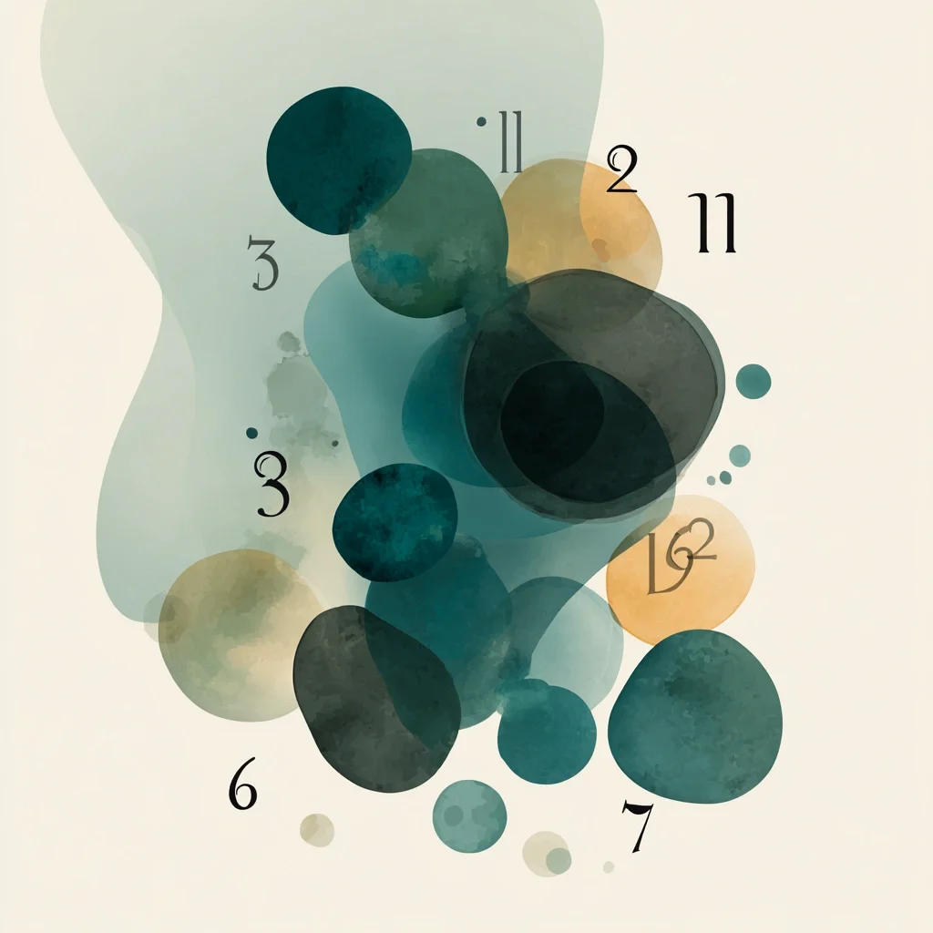 Abstract watercolor artwork featuring various overlapping circles in shades of green, teal, and beige, with numbers 1 through 12 scattered across the composition.