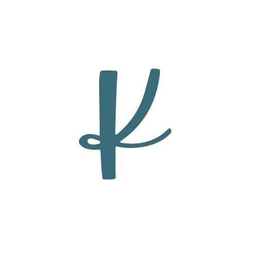 Stylized letter K with a blue line and curved line design.