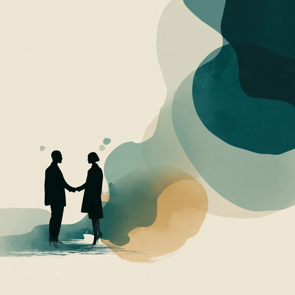 Silhouettes of a man and a woman shaking hands, with colorful abstract shapes in the background.