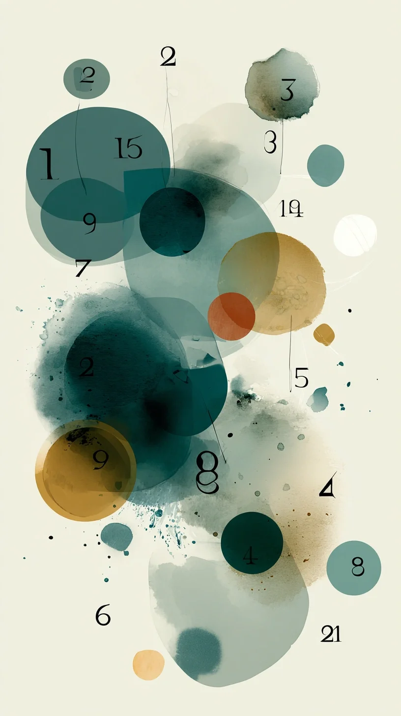 An abstract artwork featuring overlapping circles of various sizes and colors, with numbers assigned to some of the circles.