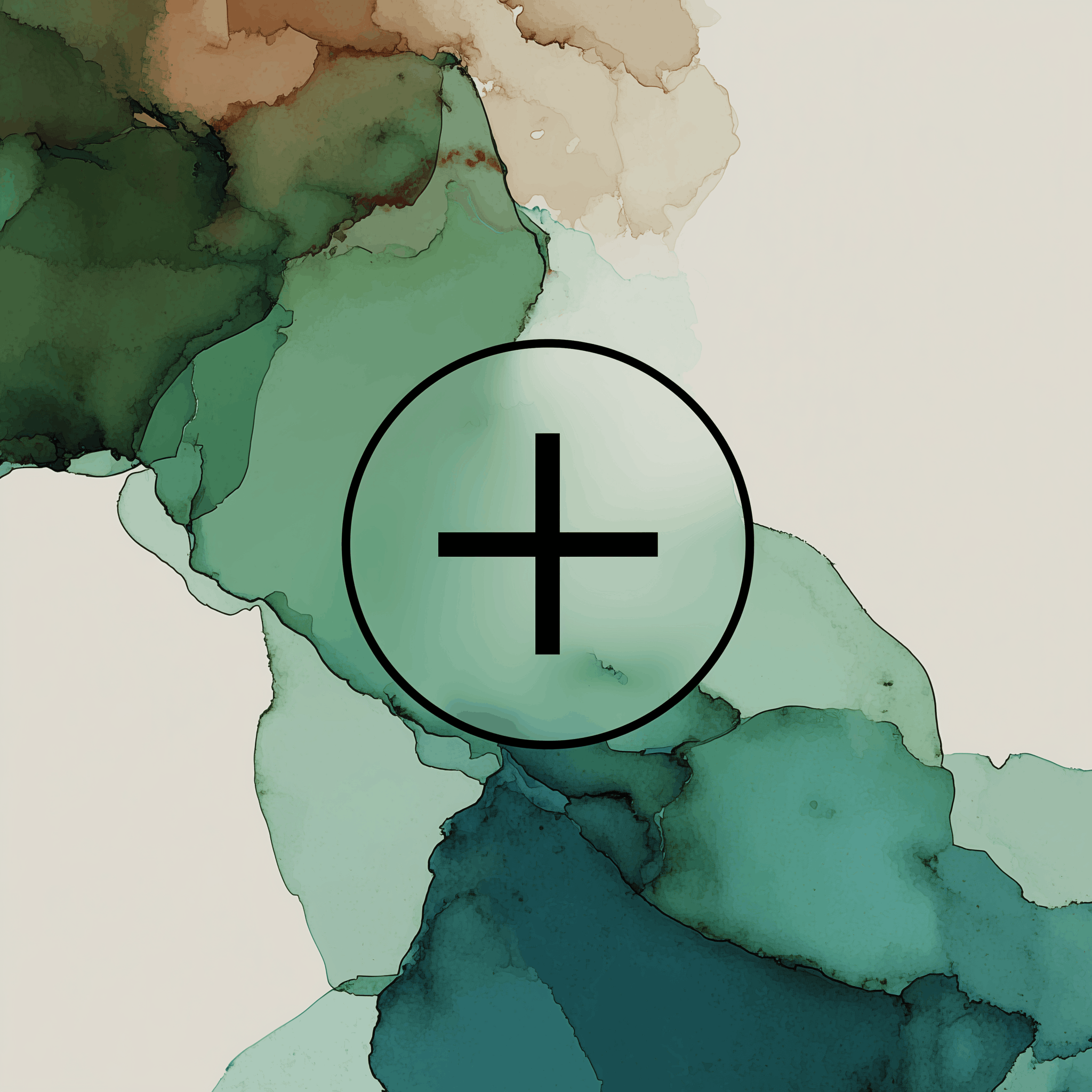 Abstract watercolor map with a black circle and plus sign overlay, optimise