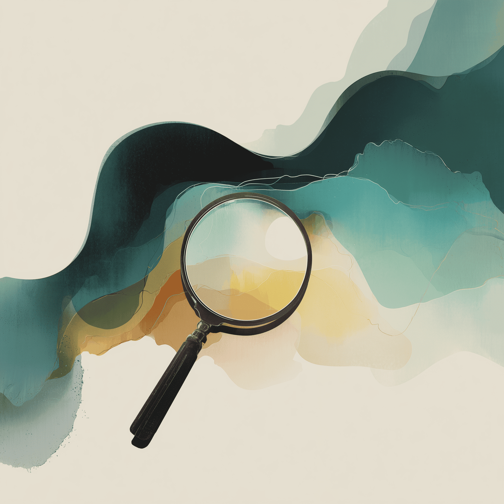 Konvertion strategic audit, magnifying glass, in shades of green, yellow, and beige