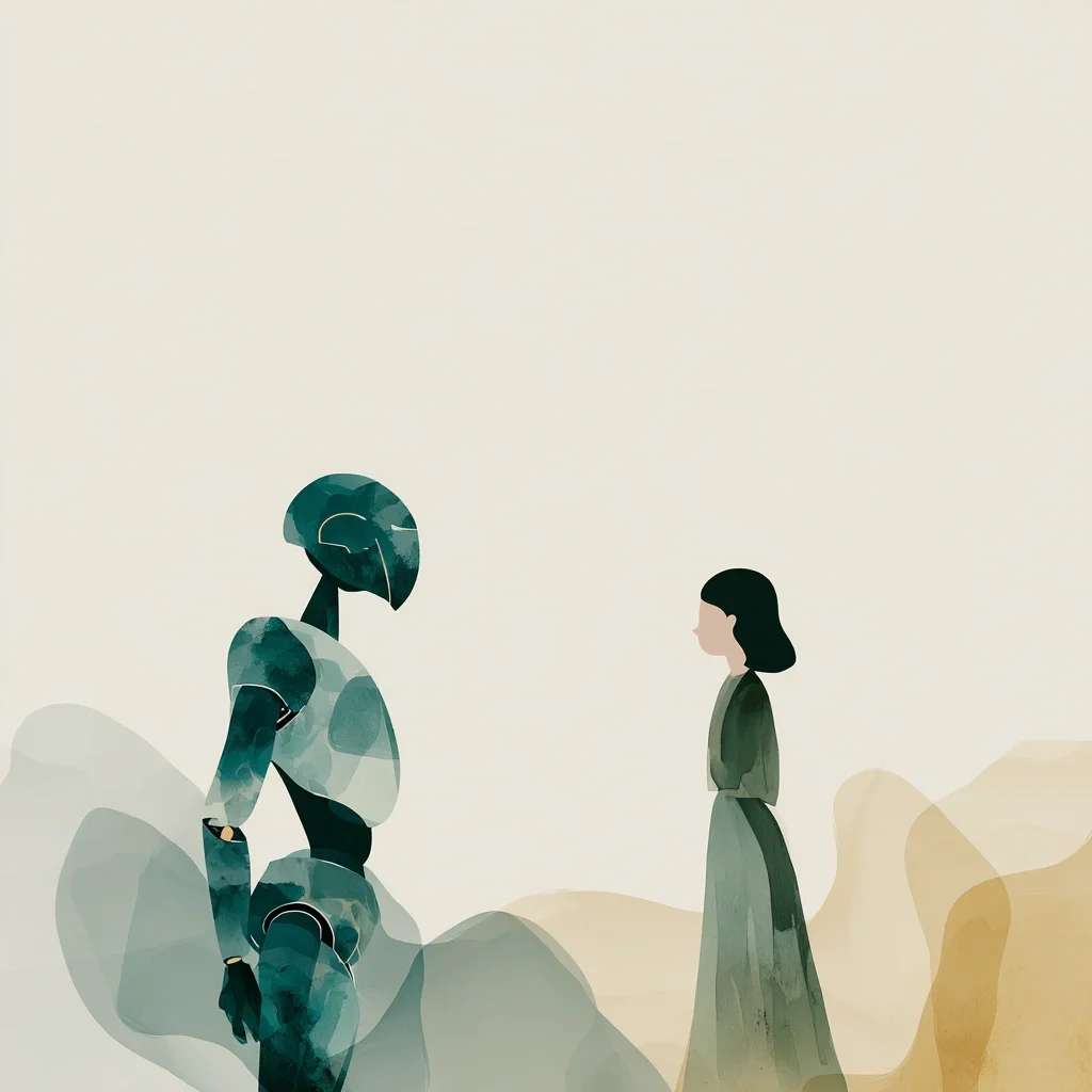 A digital illustration of a woman and a robot standing facing each other outdoors, with mountains in the background.
