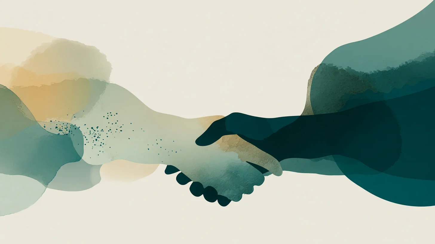 Digital illustration of two hands shaking, depicted in abstract watercolor style with shades of green and beige.