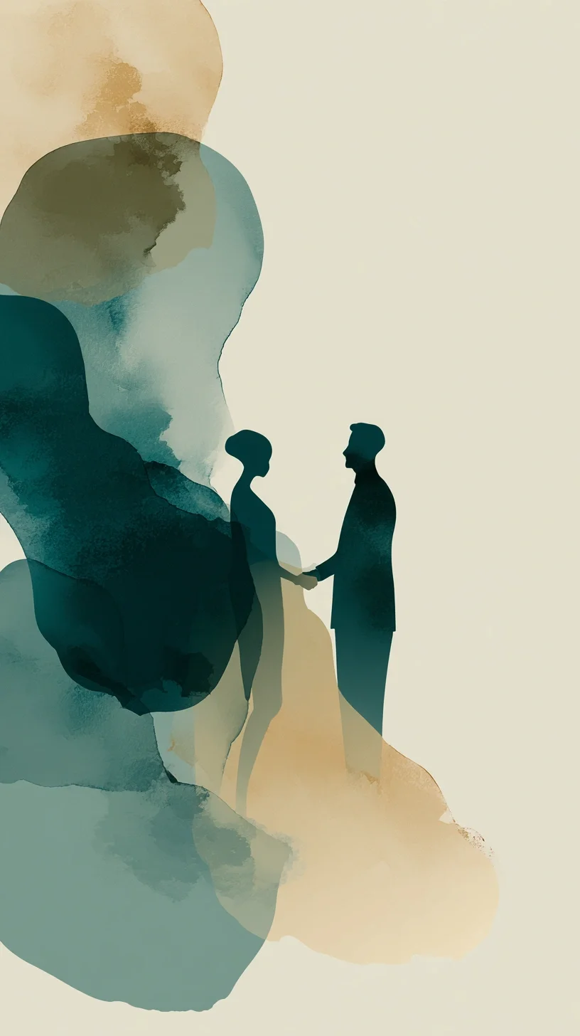 Silhouette of a man and a woman holding hands, facing each other, with an abstract watercolor background.
