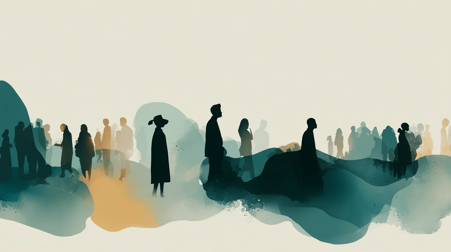 Silhouettes of diverse people walking and standing on abstract, watercolor-style landscape with hills and rocks, in various poses.