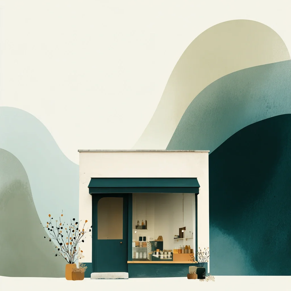 Small storefront with a blue door and large window displaying products, flanked by decorative plants in yellow pots, set against a painted background of stylized mountain shapes in pastel colors.