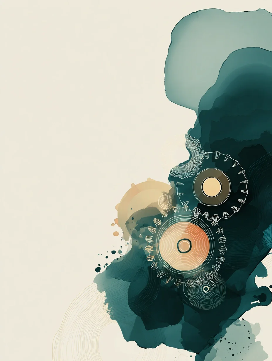 Abstract digital artwork featuring overlapping circular shapes and ink-like splatters in shades of blue, beige, and orange.