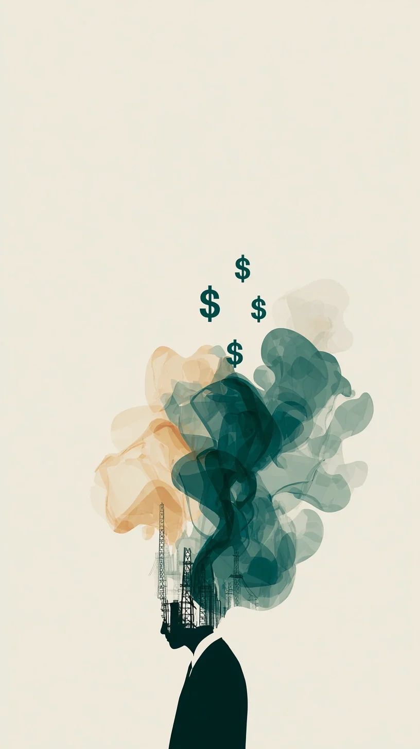 A digital illustration of a person in a suit with smoke and oil rigs coming out of their head, with floating dollar signs above.