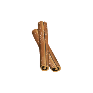 Three cinnamon sticks stacked together, with a dusting of white sugar or flour.