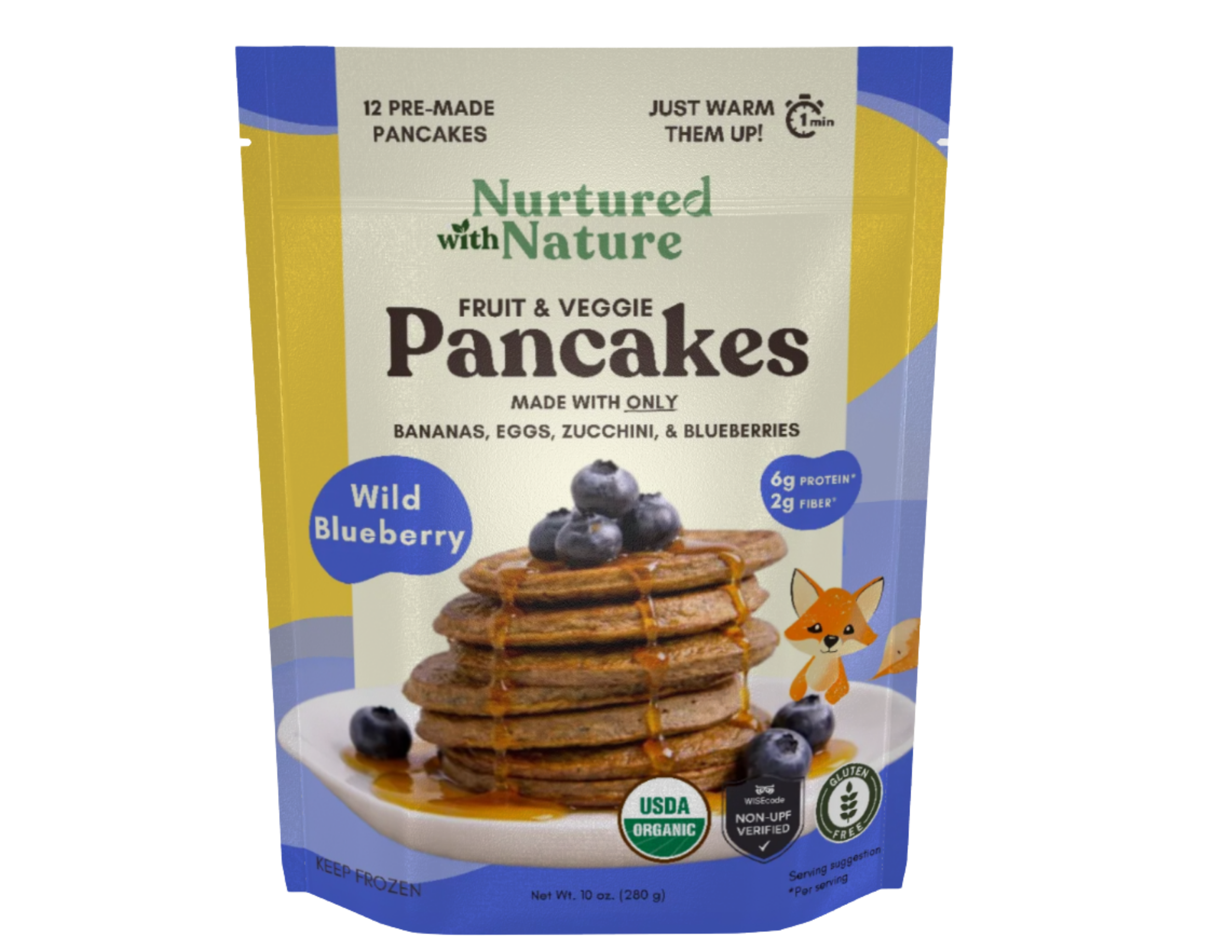 Package of Nurtured with Nature fruit and veggie pancakes with blueberries, showing a stack of pancakes topped with blueberries and syrup, with a cartoon fox illustration, USDA organic label, and non-GMO verified badge.