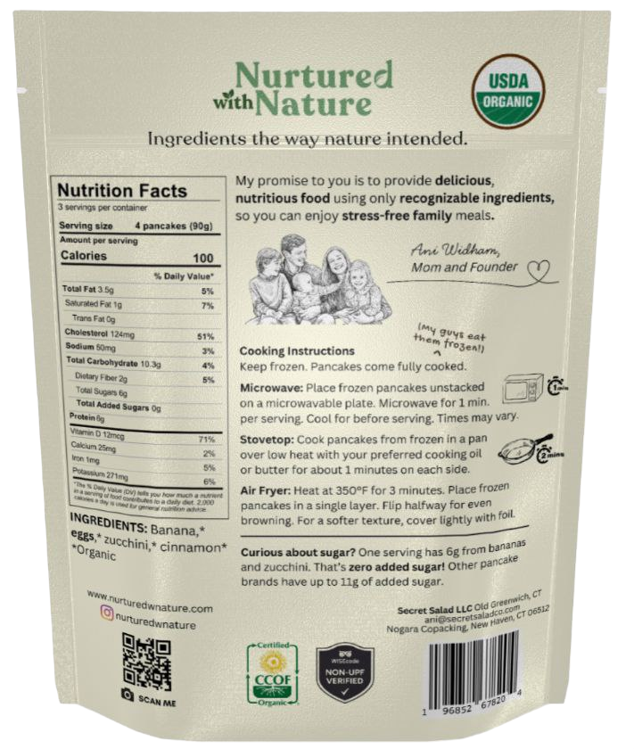 Nurtured with Nature organic pancake mix package showing nutrition facts, ingredients, cooking instructions, and a family illustration.