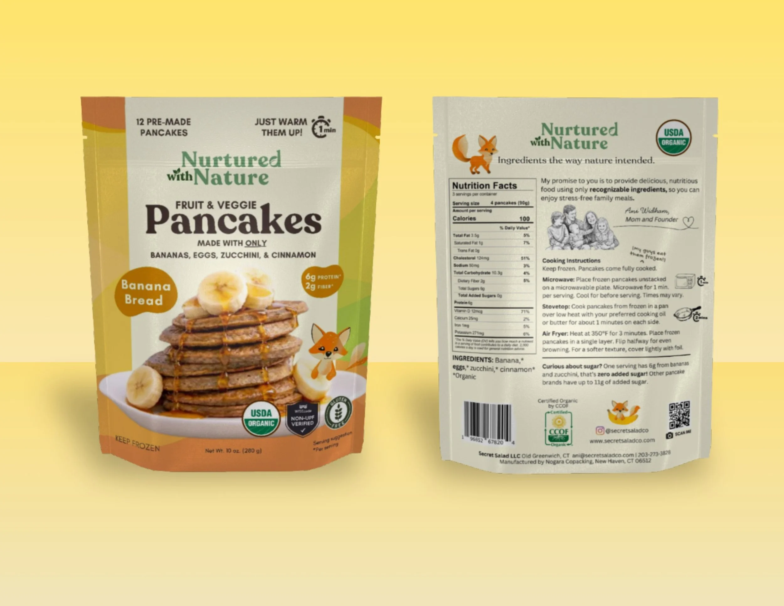 Packaging of Nurtured with Nature frozen fruit and veggie pancakes, featuring a front view with a stack of pancakes topped with banana slices, and back view showing nutritional facts and ingredients.