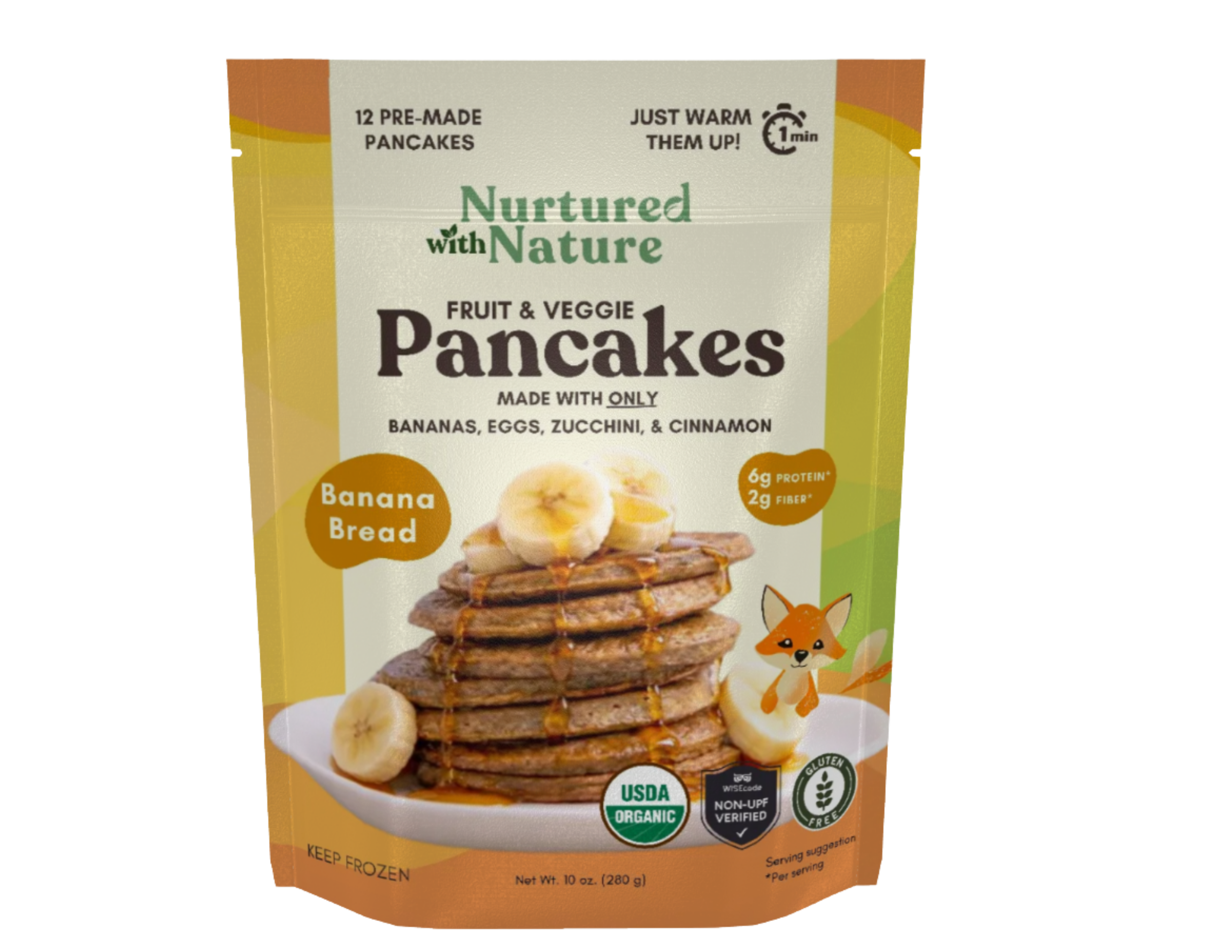 Packaging of Nurtured with Nature fruit and veggie pancakes, featuring a stack of pancakes topped with banana slices, and a small cartoon fox illustration on the right.