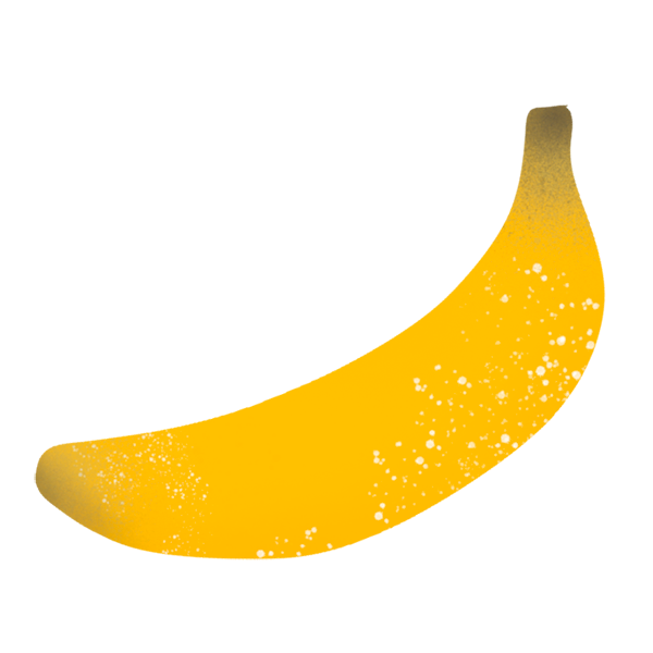 A digital illustration of a ripe banana with a speckled yellow peel, set against a black background.