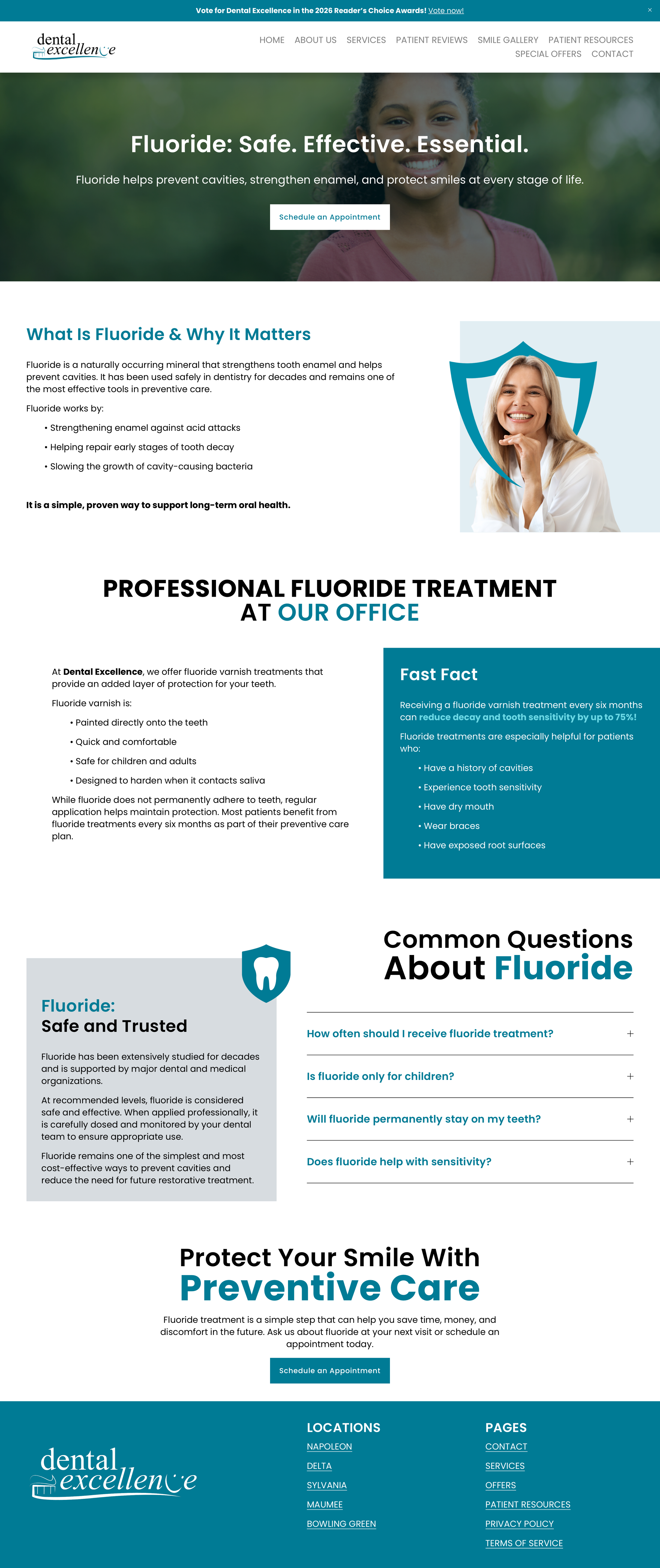 Fluoride treatment landing page designed for Dental Excellence featuring preventive care information, patient education sections, and clear call-to-action for scheduling appointments