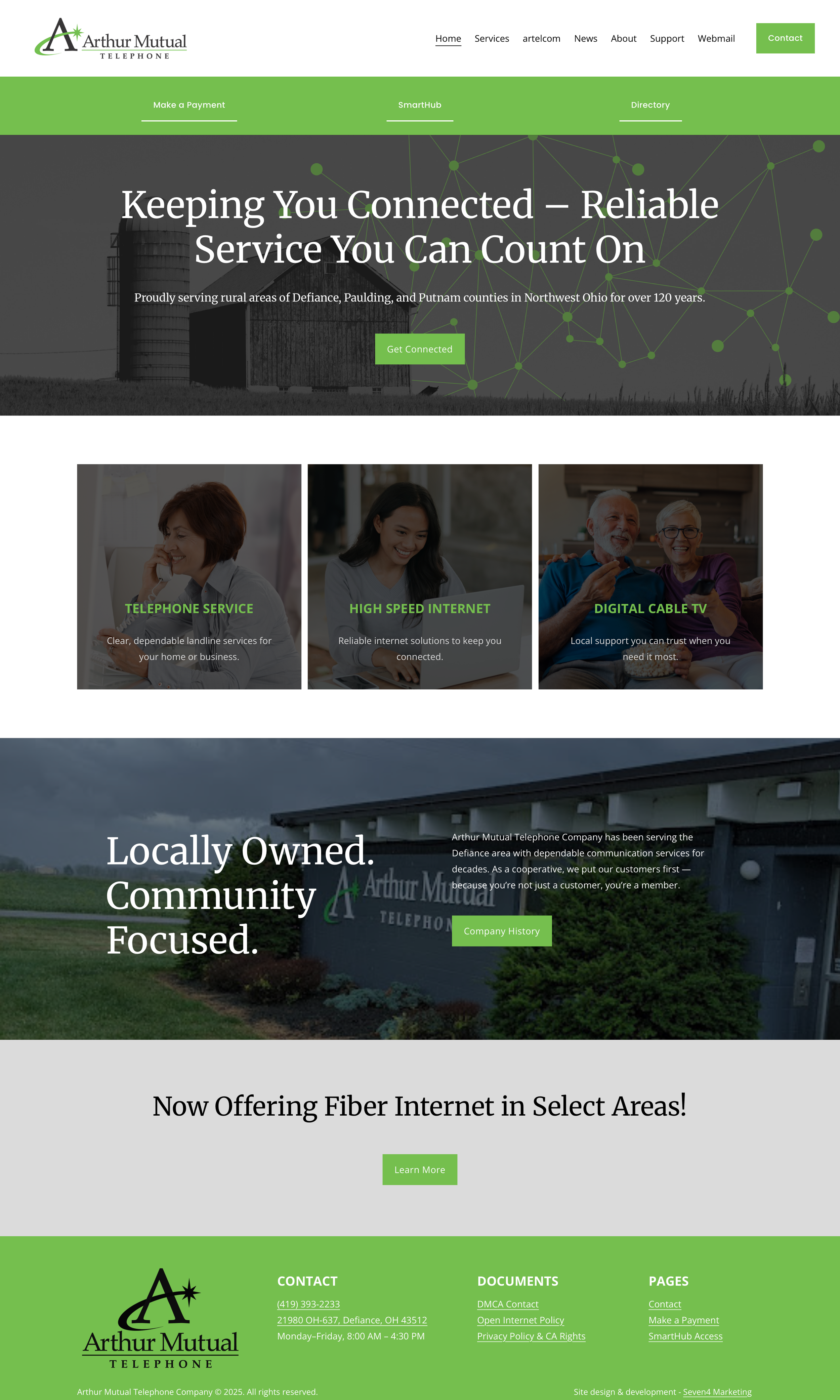 Homepage of Arthur Mutual Telephone Company website featuring services like telephone, high speed internet, and digital cable TV, with a green and gray color scheme and images of diverse people using communication services.