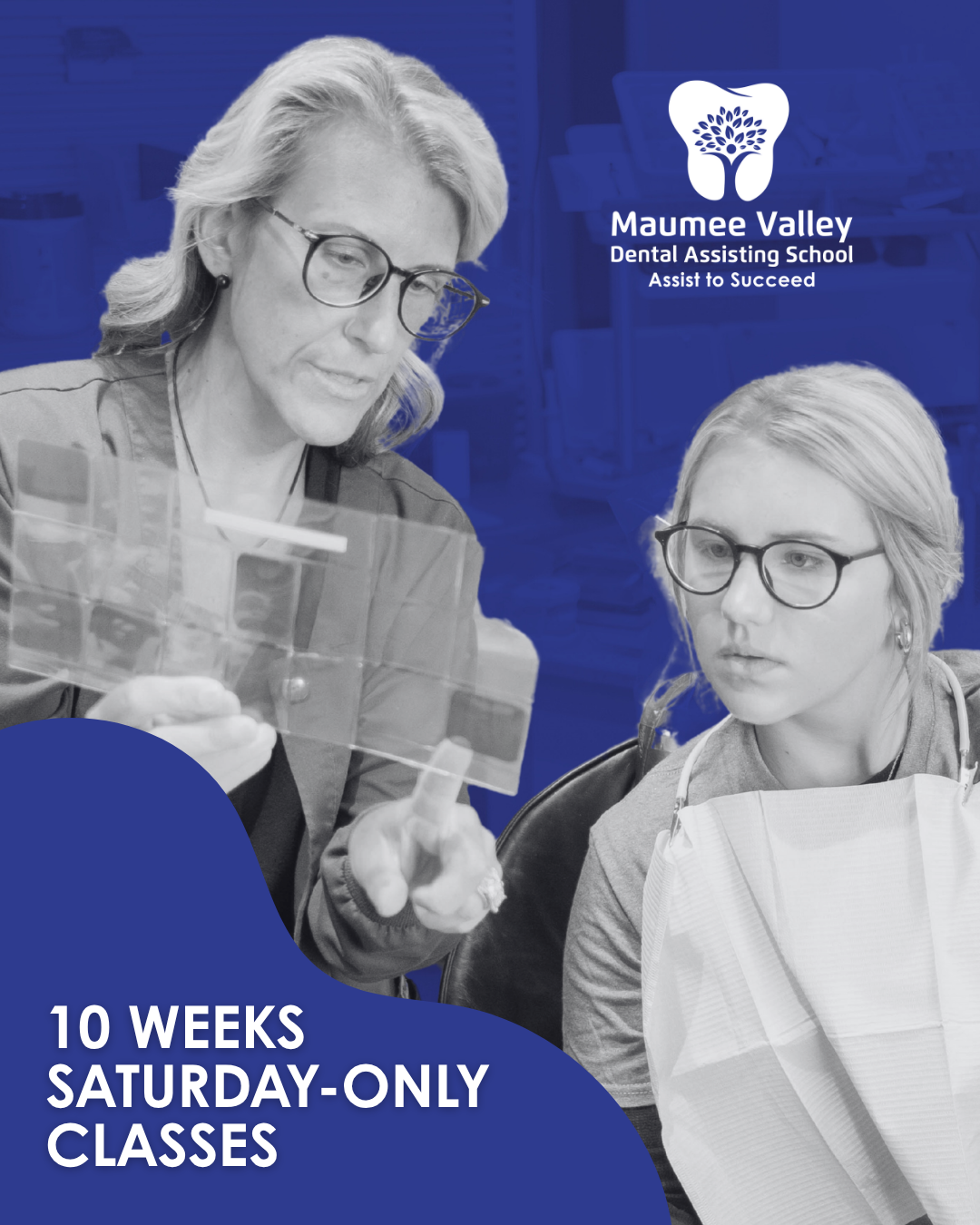 Two women, one older and one younger, wearing glasses, engaged in dental training or discussion with dental models in a dental office setting, promoting Maumee Valley Dental Assisting School's 10-week Saturday-only classes.