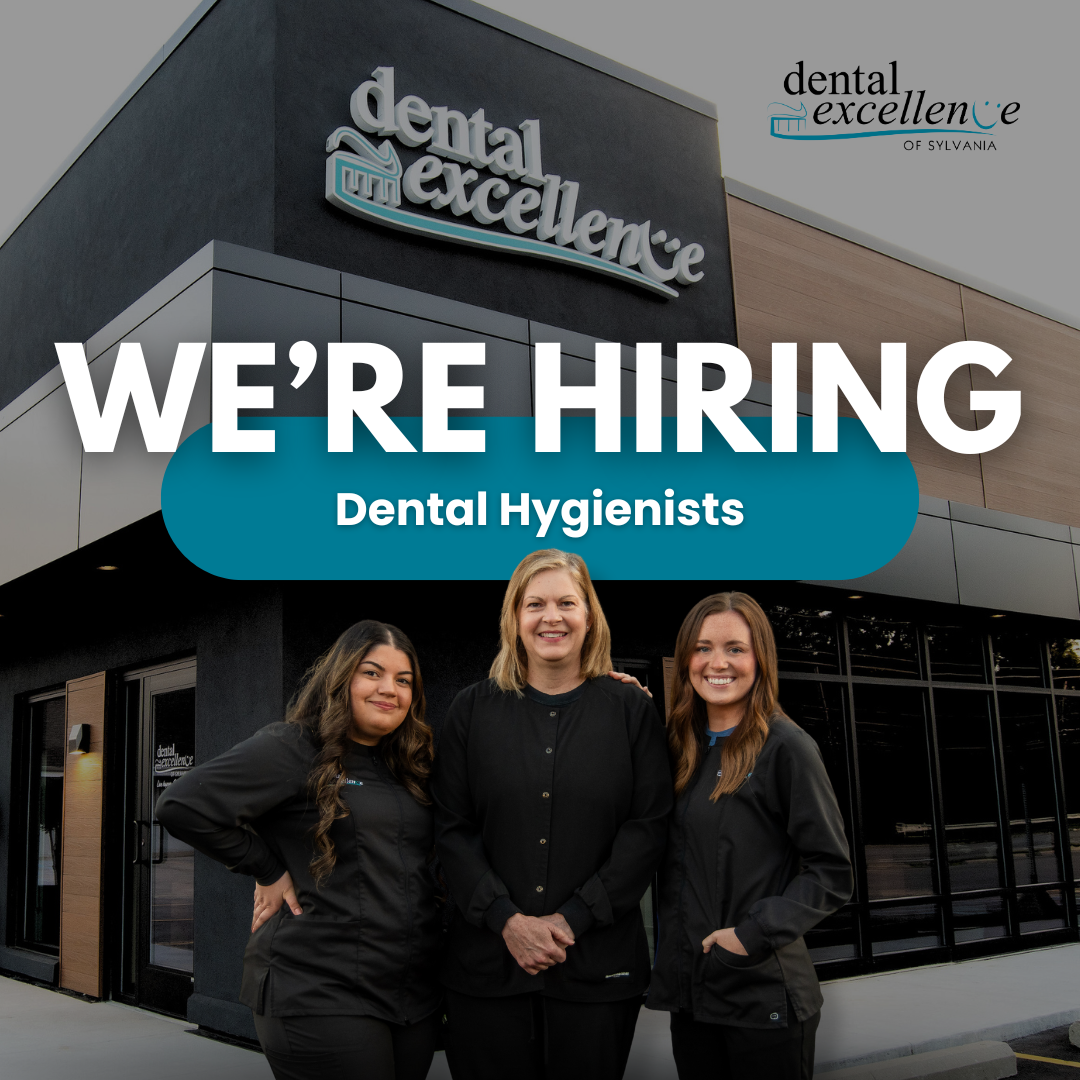 Post advertising a job opening for general dentists featuring four smiling dentists in white coats standing in front of a house-like building with a stone facade and wooden accents.
