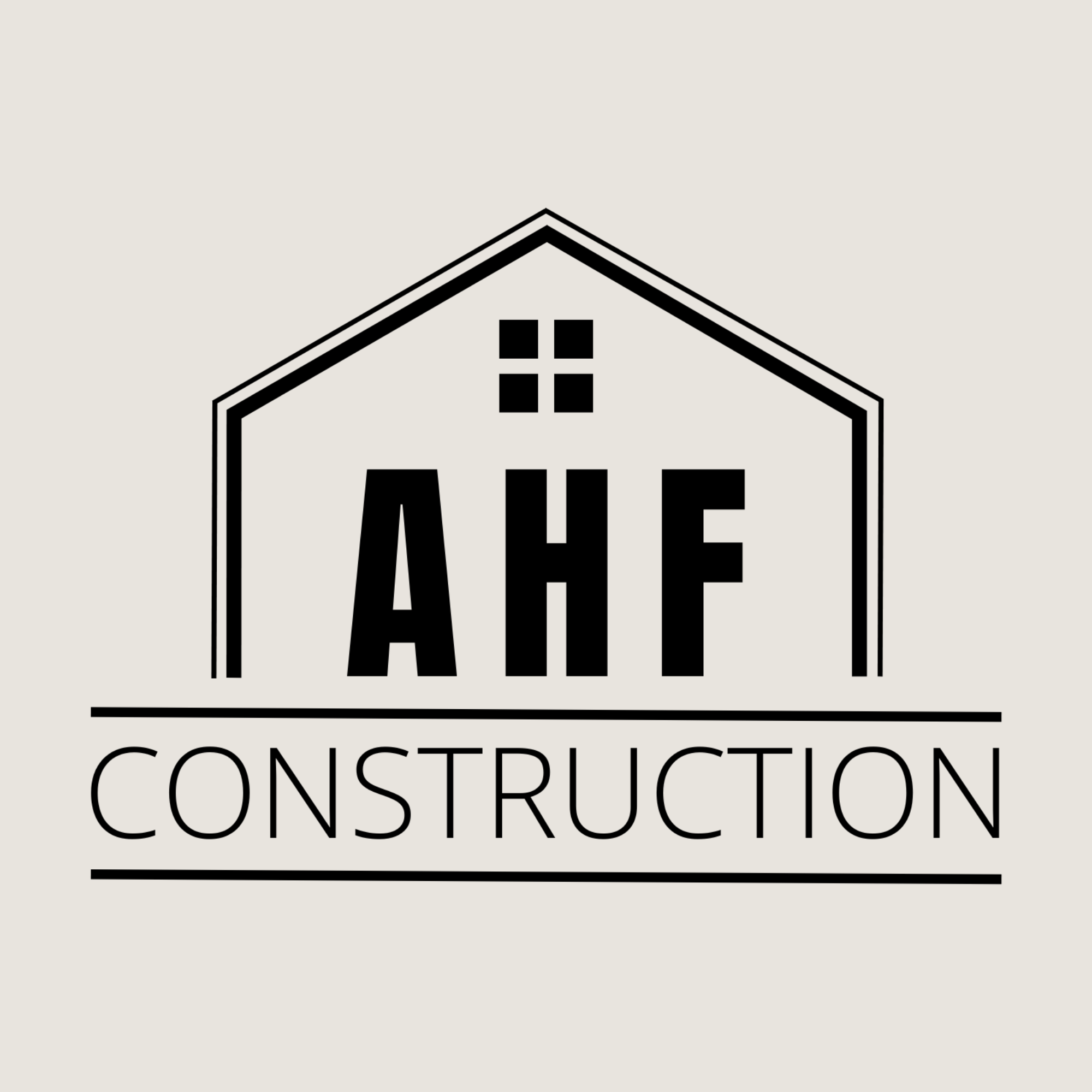 A logo for AHF Construction featuring a house outline with four windows and the company's name.